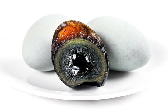 Century Eggs Traditional Chinese Preserved Duck Eggs on White Plate Asian Delicacy Food
