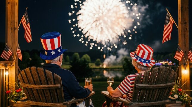 Independence day celebration couple watching fireworks on july 4th