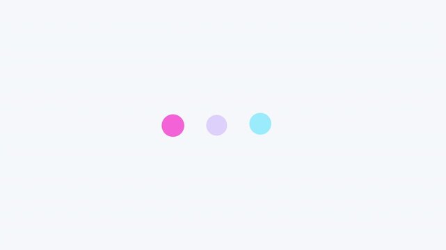 Animated motion graphics showing a loading progress bar with three pulsing colorful dots on a clean white background. Concept of website buffering, system booting, and data processing indicator.