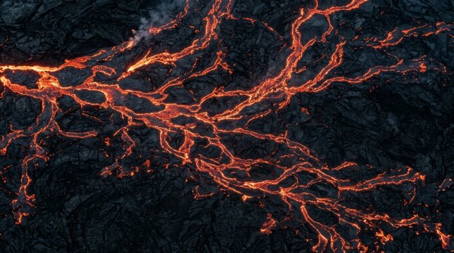 Aerial view of glowing hot volcanic lava flowing and cooling on dark earth, abstract natural patterns