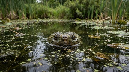 Fototapeta premium A large alligator with a greenish-brown skin and a white belly, swimming in a pond with green plants and floating leaves.