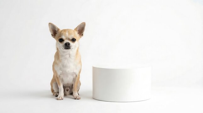 Chihuahua dog with white cylinder on minimalist background