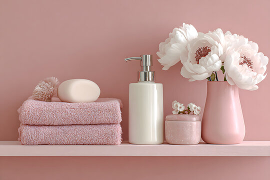Soft Pink Bathroom Shelf with Flowers and Soaps.