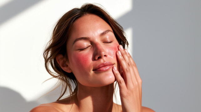 Young woman with rosacea gently touching red flushed cheek with eyes closed in bright natural sunlight. Sensitive skin care, facial redness, soothing skincare routine and dermatology treatment concept