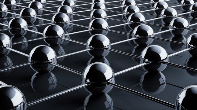 Abstract 3D metallic orbs in a digital network structure &ndash; Perfect for automation systems, blockchain promotions, or cutting-edge technology marketing.