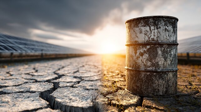 guano. A cracked oil drum contrasted with a field of solar panels and electric vehicles. ESG reports, sustainability campaigns, designed for environmental awareness campaigns.
