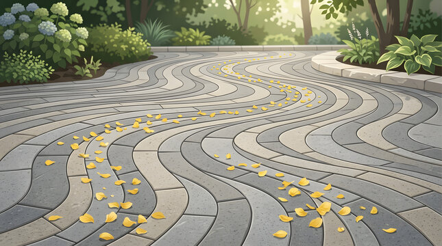 Wave-shaped paving block arrangement with flowing curved lines