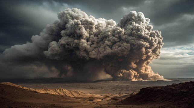 homogeneity. A thick plume of grey smoke rising from a volcanic crater, desolate landscape. ESG reports, sustainability campaigns, designed for sustainability communications and ESG reporting.