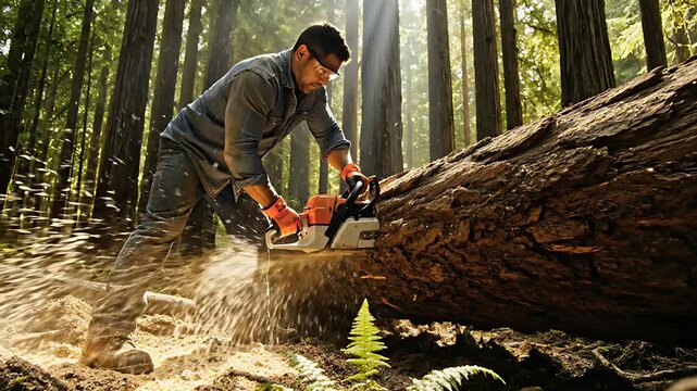 Man using a powerful chainsaw to cut through a massive fallen tree trunk in a sunny forest. Professional lumberjack wearing safety gear focuses on precision. Forestry management and timber concept.