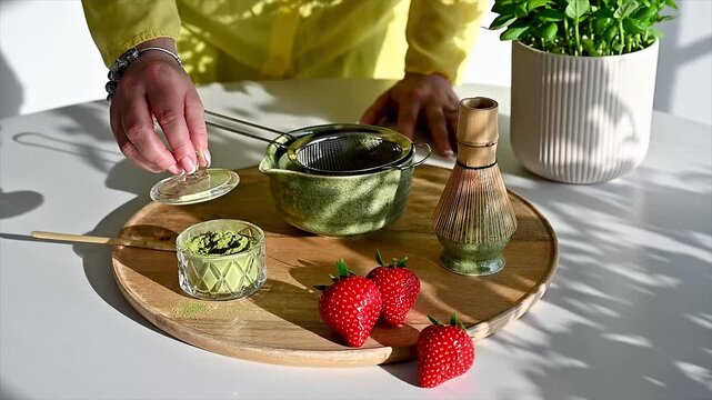 Peaceful morning kitchen scene with matcha preparation tools and fresh strawberries bathed in warm sunlight. Ceramic bowl and bamboo whisk with sifter and scoop on wooden board in summer glow. Sunlit