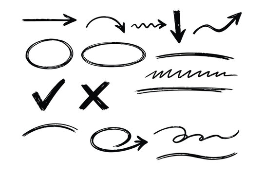 Hand Drawn Pencil Stroke Set with Arrows, Circles, Ovl Highlights, Marker Pen Uderlines, Checkmarks, and rosses. Sketchy Charcoal Vctor Elements for Annotatin, Correction, and Emphasi.