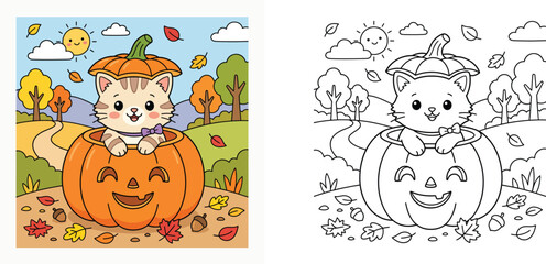 Cute cat inside a Halloween pumpkin coloring book page with colored sample, autumn landscape background with fall leaves, sun, and trees, vector illustration for kids © MMONIR
