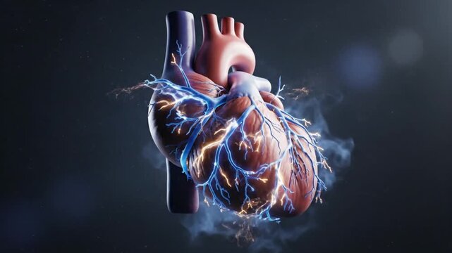 The human heart with electrical impulses and vessels on display