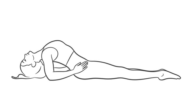 Woman performing Matsyasana yoga pose, fish pose illustration, flexibility exercise