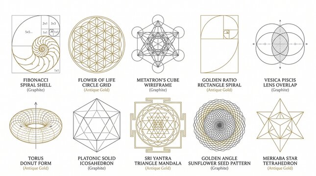 Sacred Geometry Golden Ratio Fibonacci Spiral Math Art Vector Set
