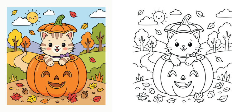 Cute cat inside a Halloween pumpkin coloring book page with colored sample, autumn landscape background with fall leaves, sun, and trees, vector illustration for kids