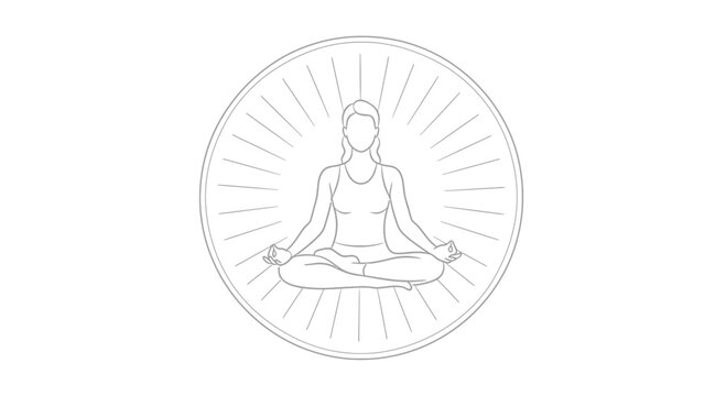 Woman Meditating in Lotus Pose within Sunburst Circle - Minimalist Line Art