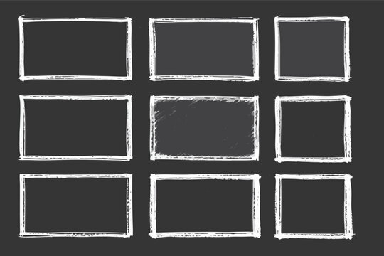 Set of Nine Hand Drawn Chalk Rectangle Frames and Borers on a Black Chalkboard ackground, Rough Sketchy Bush Strokes for School Eduation Menu or Creative Desgn Projects Vector Illustrtion