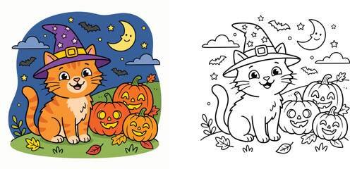 Halloween coloring book page and colored illustration of a cute cartoon cat wearing a witch hat next to jack-o-lantern pumpkins for kids activity © MMONIR