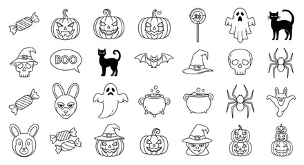 Fototapeta premium Halloween icons, black and white, 25 line art symbols, spooky illustrations, vector graphics