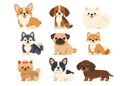 Set of Cute Cartoon Dogs in Flat Vector Style Featurig Popular Breeds Like Corg, Beagle, Pomeranian, Husk, Pug, Shiba Inu, Yorkie, rench Bulldog, and Dachshud Isolated on White Backgrund