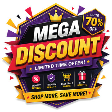 Mega discount sale banner with crown and up to seventy percent off