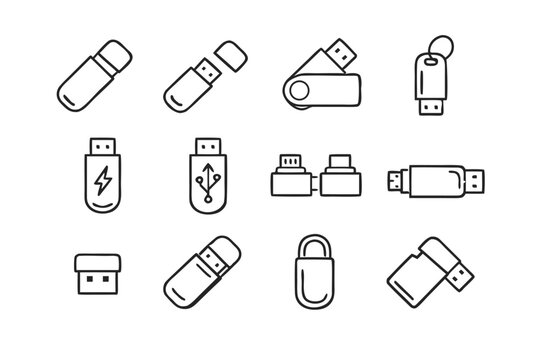 Set of USB Flash Drive Icons in Linear Style. Vector llustration Featuring Varius Portable Memory Sticks,Data Storage Devices, and onnectors for Digital Techology and Computer Hardwar.