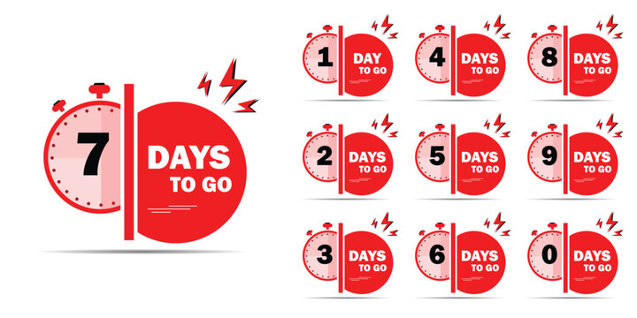 Countdown days to go banner. count time and days for sale banner, poster, lable, Nine, eight, seven six five four three two one zero days to go with red and black color. Vector template