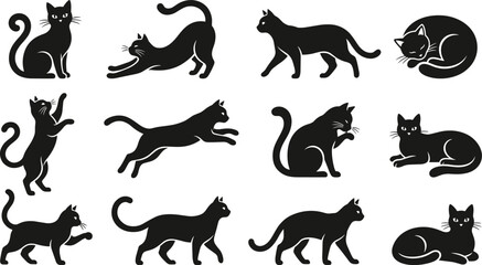 Fototapeta premium Black Cat Silhouette Vector Icon Set Featuring Various Feline Poses Like Sitting, Stretching, Jumping, Walking, Sleeping, and Grooming for Halloween Designs