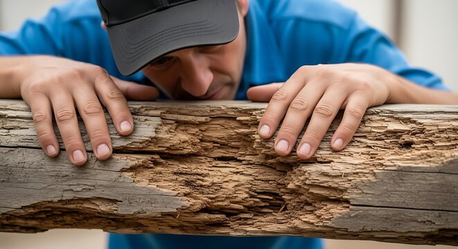 Man inspecting wooden log for termite damage