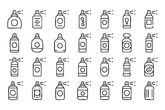 Cleaning spray and cosmetic bottle outline icons for household, hygiene and product design