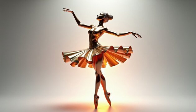 Golden metal ballerina figurine strikes pose en pointe, elegant dance sculpture with flowing tutu. Female dancer art, graceful motion, ballet studio aesthetic, metallic shine.