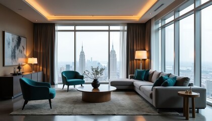 Fototapeta premium Modern hotel suite living room offers panoramic city views. Comfortable sectional sofa, armchairs provide seating. Large windows showcase skyscrapers, urban landscape. Elegant interior design with