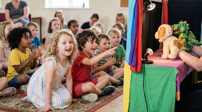 Children enjoying puppet show performance in lively classroom setting  