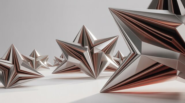 Brushed steel and copper geometric sculptures transforming &ndash; Great for corporate restructuring concepts, development strategy, or modern art.