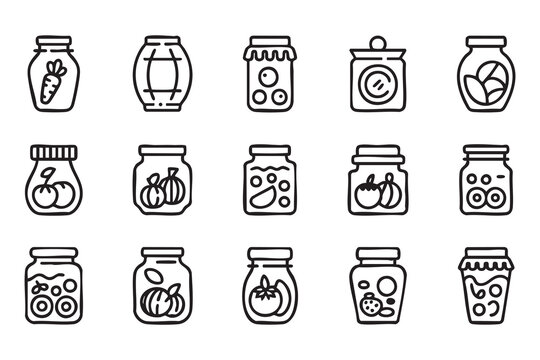 Canned food jar line icon set for preserves, pickles, jam, pantry storage and grocery packaging