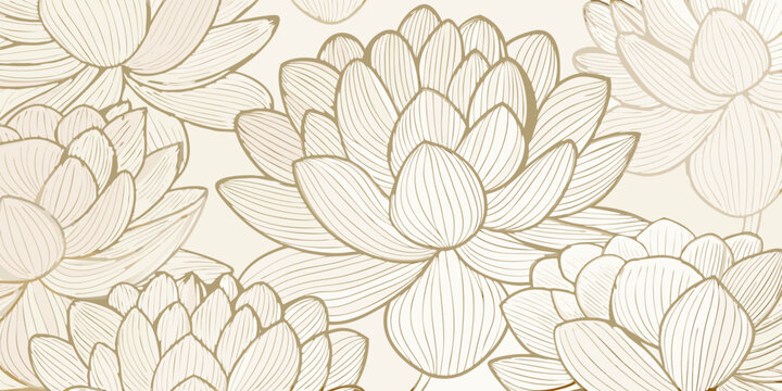 Elegant line drawing of golden lotus flowers intricate floral pattern on a cream background