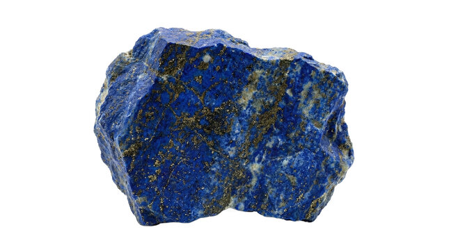 Isolated raw lapis lazuli stone with golden pyrite flecks on a transparent background.