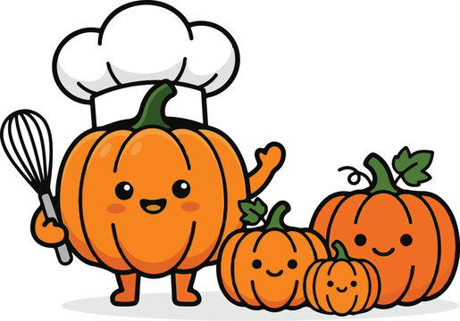 Cute pumpkin chef character with white hat and whisk, group of orange pumpkins, autumn harvest illustration, fall season vector, kawaii vegetable mascot, halloween cooking icon, bakery logo concept, 