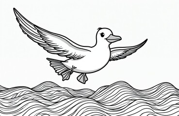 Fototapeta premium Cute albatross illustration flies over wavy ocean. Simple outline drawing for kids coloring. Bird with open wings and smiling face over sea water waves.
