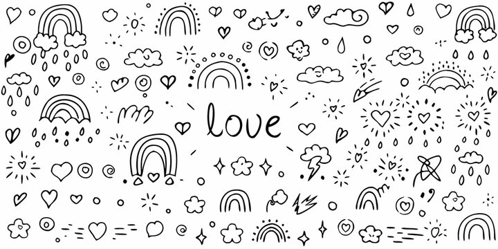 hand drawn black and white doodle pattern with rainbows hearts and clouds on white background
