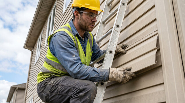Construction worker installing siding while standing on a ladder outdoors  