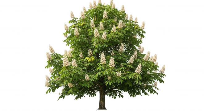 A blooming horse chestnut tree with white conical flower spikes and green palmate leaves isolated against a solid black background