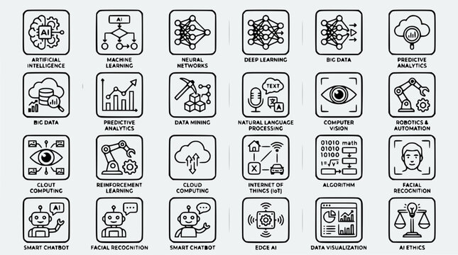 AI and Technology Icons Set: Machine Learning, Data Mining, Neural Networks, Cloud Computing