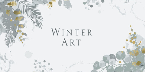 Watercolor eucalyptus branches with gold accents and paint splatters on a white background © Shamal