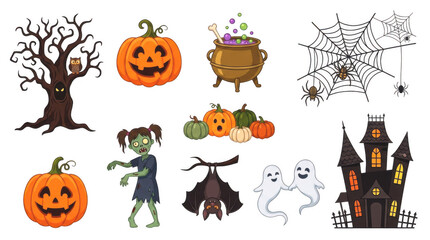 Obraz premium Pixel art halloween icon set with ghost zombie and pumpkin isolated on transparent background