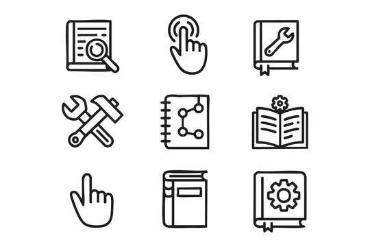 Technical documentation outline icons for user manuals, maintenance guides and help center design