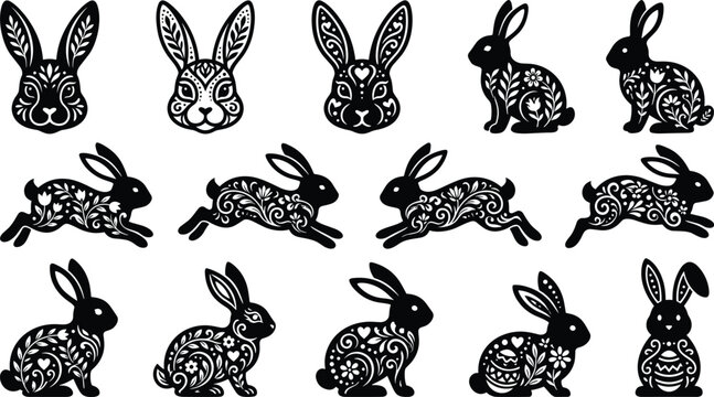 Decorative Easter Bunny Silhouette Vector Set with Floral Lace Folk Art Patterns Featuring Cute Rabbit Heads, Running, and Sitting Poses for Spring Projects
