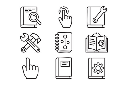 Training guide vector icons for tutorials, online learning, technical support and service manuals