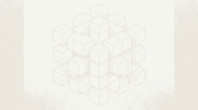 Abstract geometric cube structure, minimalist line art, light beige background